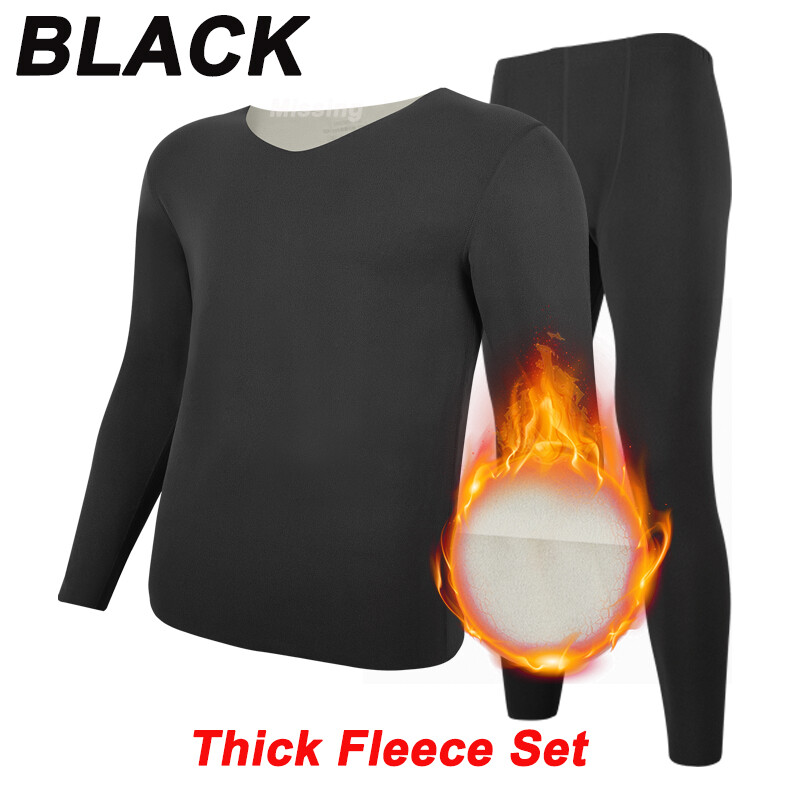Fleece Lined Mens Thermal Underwear Set Base Layer Long Johns V-Neck Top&Bottom
