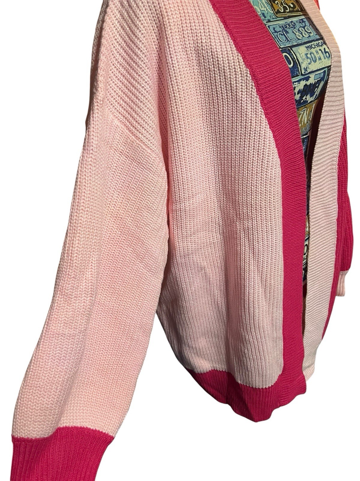 Two Tone Bright Pink Color Block Cardigan Preppy Glam Girlie Librarian Sz L