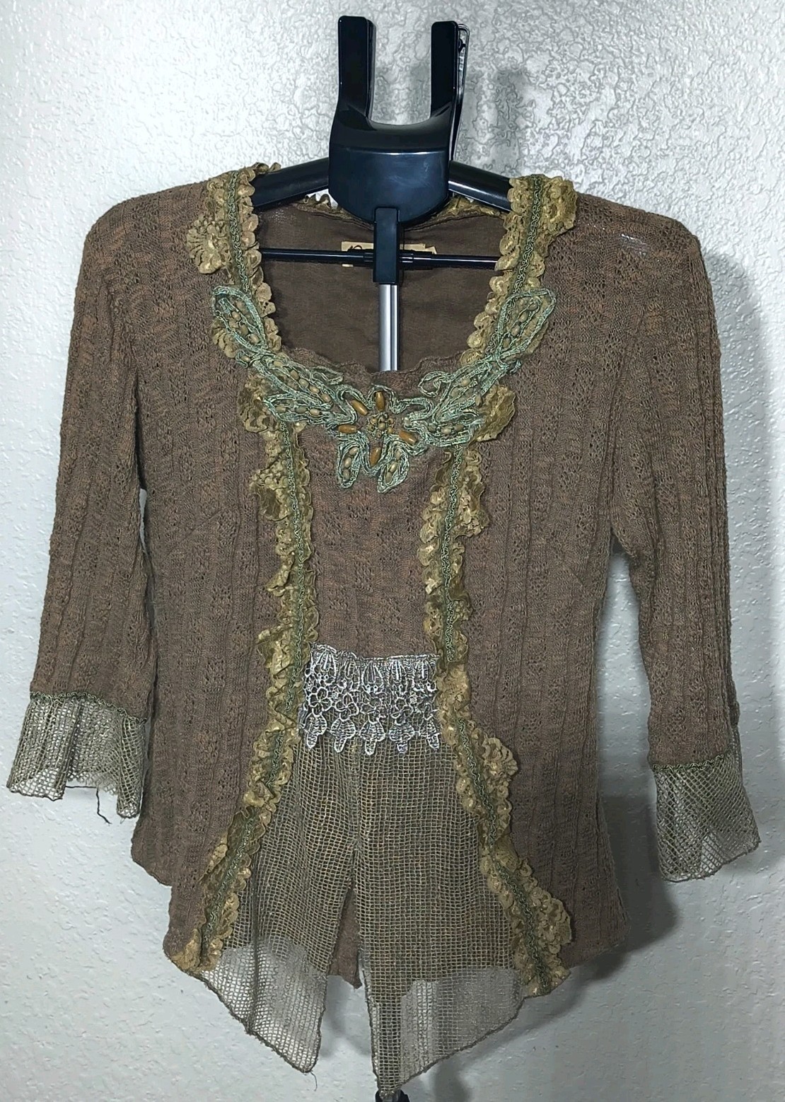 Pretty Angel Brown Lace Tunic Large Blouse Fairycore Whimsigoth Boho Embellished