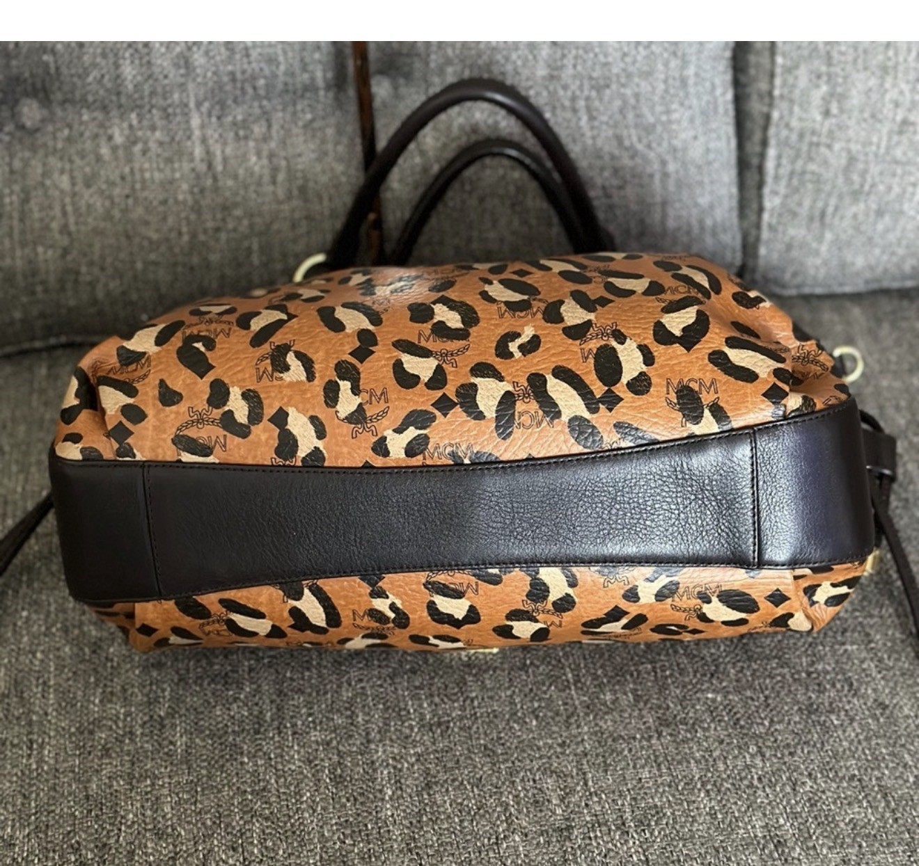 MCM Leopard Print Satchel Top Handle Bag Brown Black Drawstring Gold Dust Bag