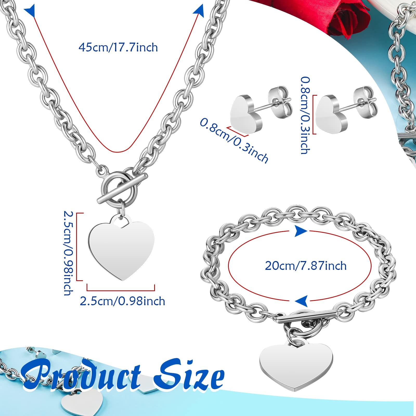 Bucherry 3 Pcs Necklace: 45 cm, Bracelet: 20 Earring: 0.8 Silver