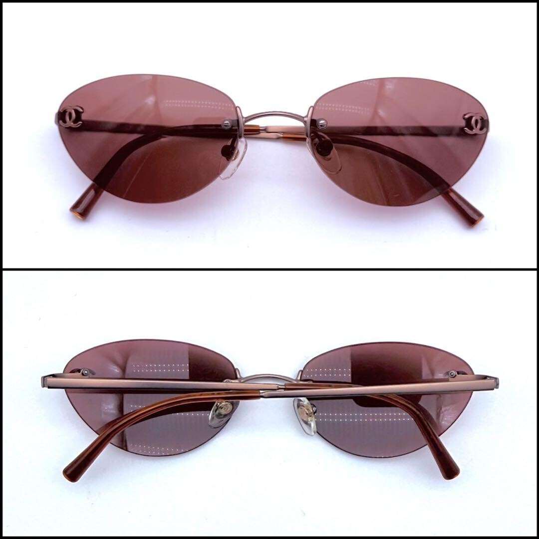 CHANEL 4003 Rimless Oval Sunglasses Bronze Red Lens Coco Mark Retro Chic