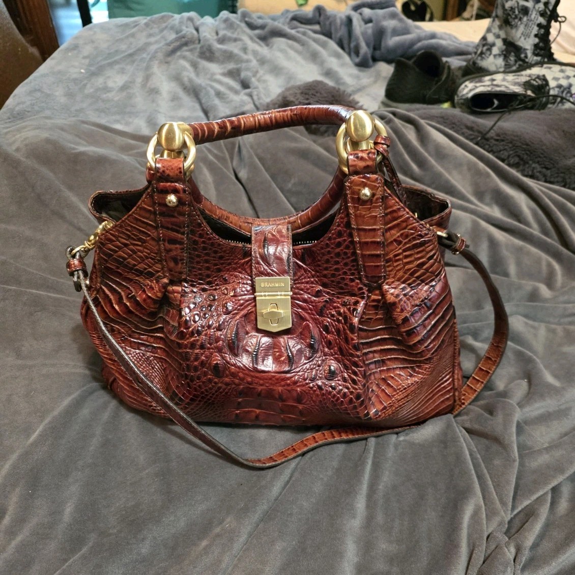 Brahmin Elisa handbag in a Pecan Melbourne crocodile-embossed leather finish