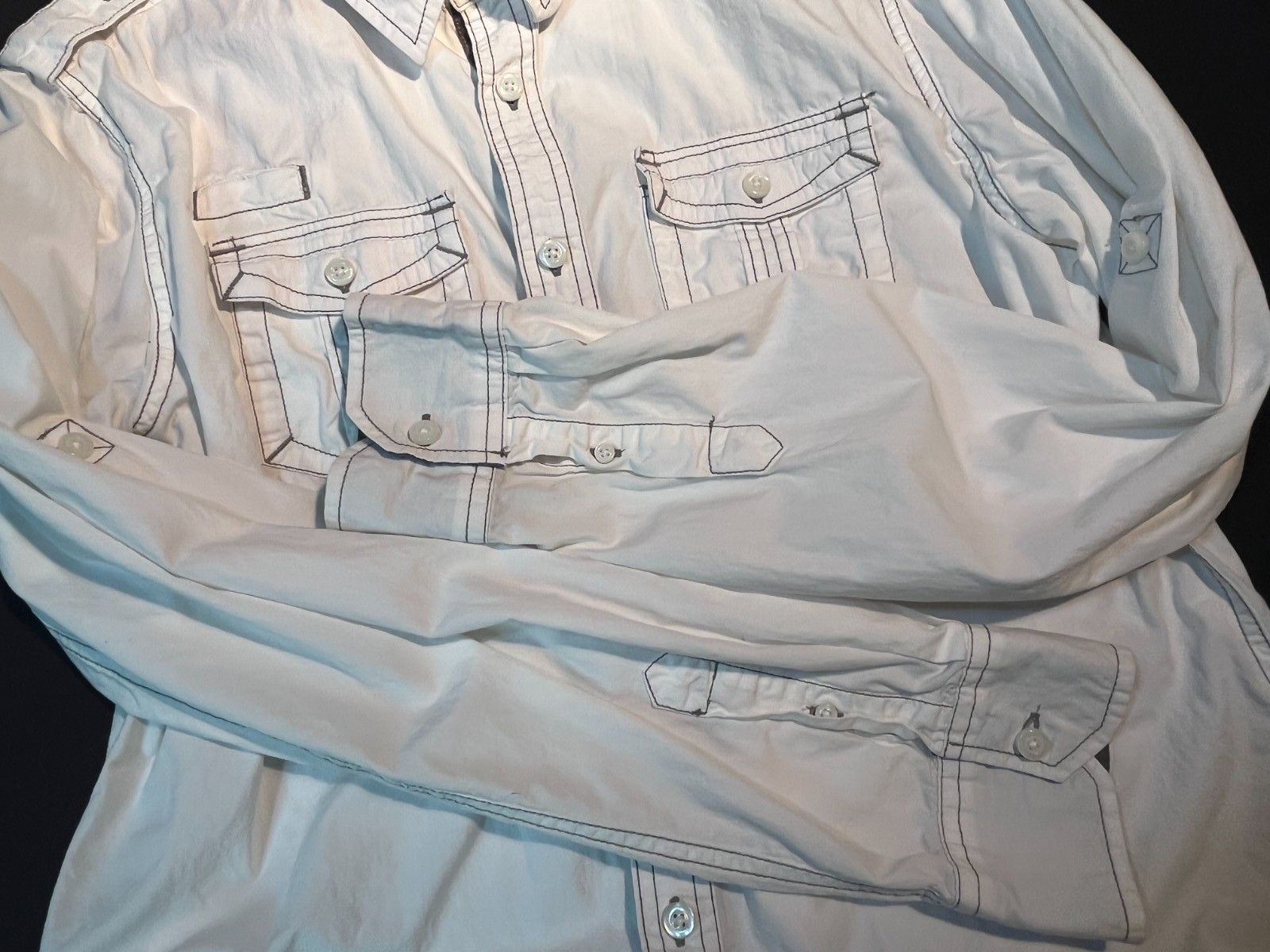 Men Carbon Button Down Long Sleeve White Military Style Piping Urban Design- SzL