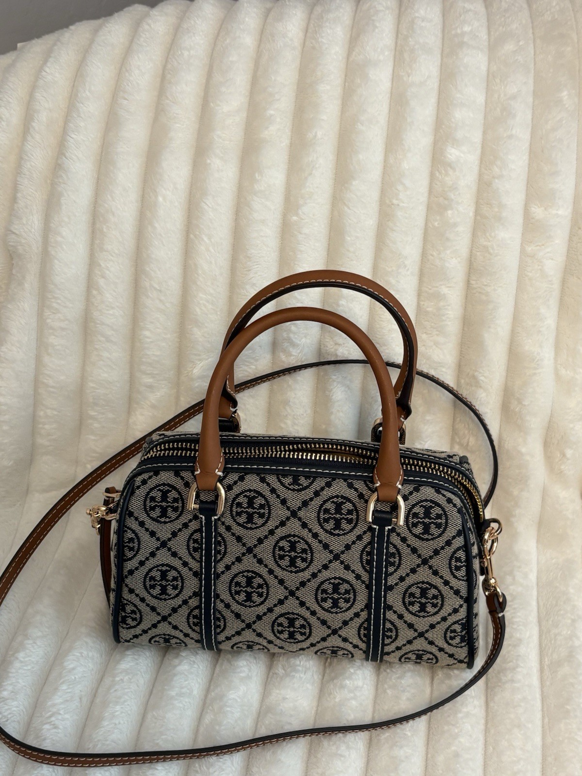 Tory Burch T Monogram Mini Duffle Satchel, Zip, Strap, Navy Beige Brown
