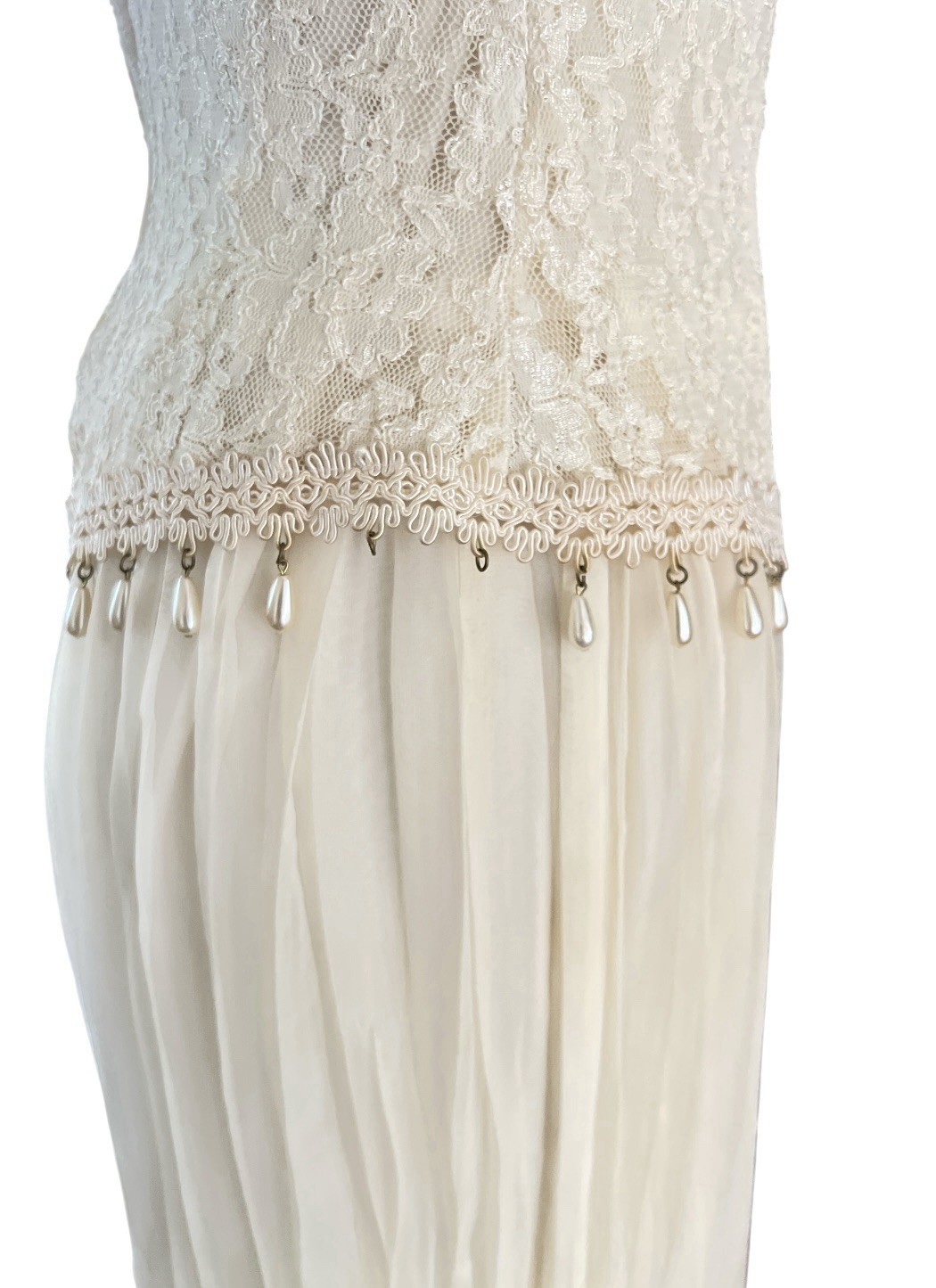 Y2K 90s Lace Midi Dress Sheer Pleated Pearl Beaded Fringe Cottagecore Bridal