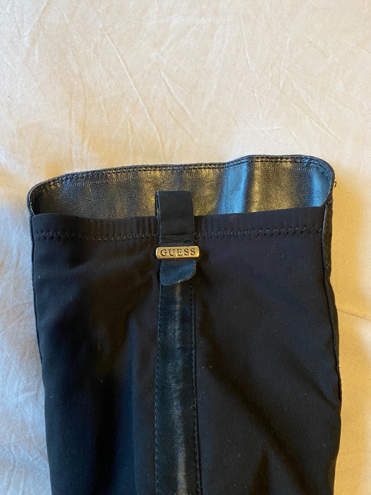 Guess Knee High Boot Size 8 Strecth Faux Suede Black Gold
