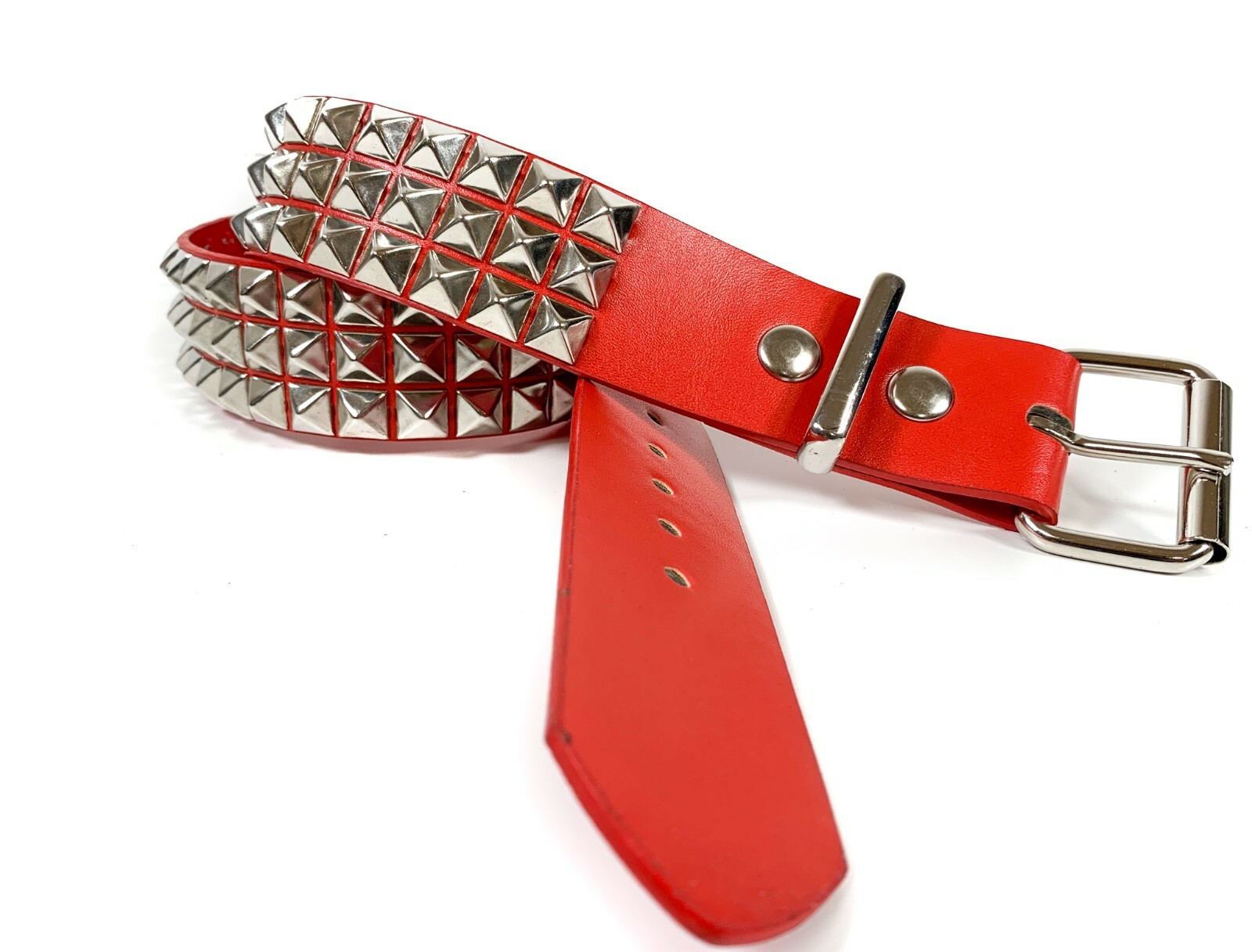 Vegan Red Leather Three Row Pyramid Stud Belt Genuine Punk Goth Metal Funk Plus
