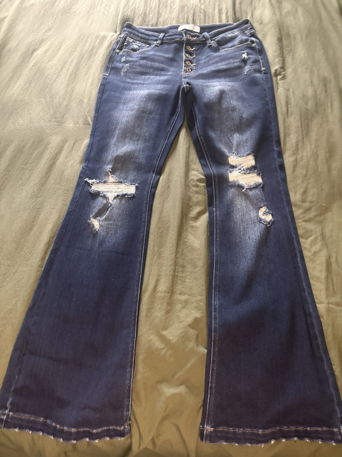 KanCan Premium Distressed Raw Hem Flare Jeans Stretch Button Fly Blue 13/30