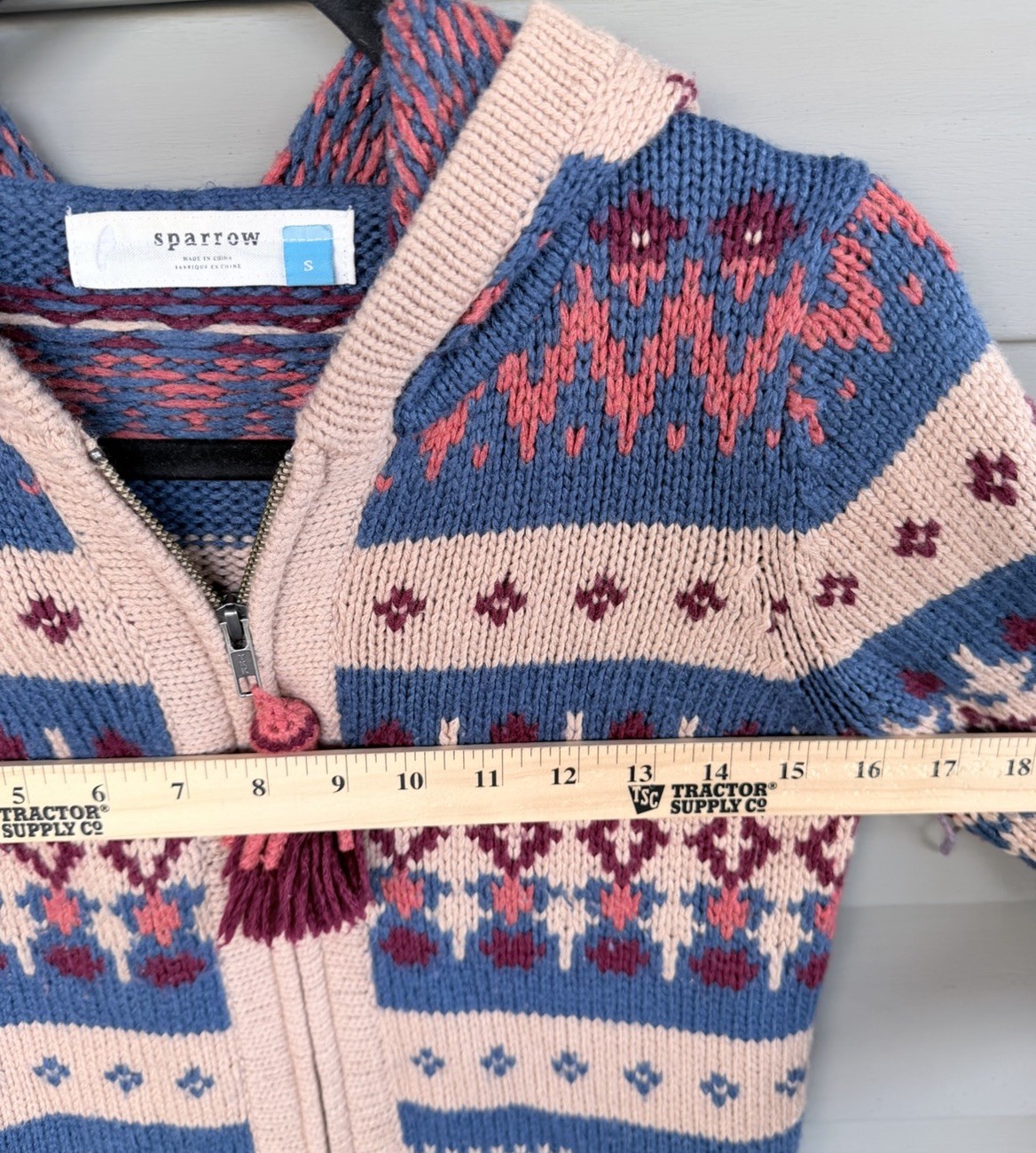 Anthropologie Sparrow Wool Blend Hooded Sweater Small Boho Fair Isle Zip Tassel
