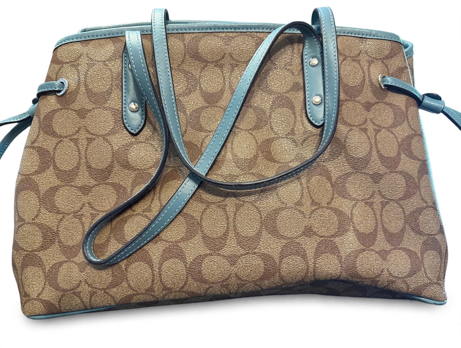 Coach Signature Monogram Satchel Handbag Medium Brown/Blue Drawstring Charm