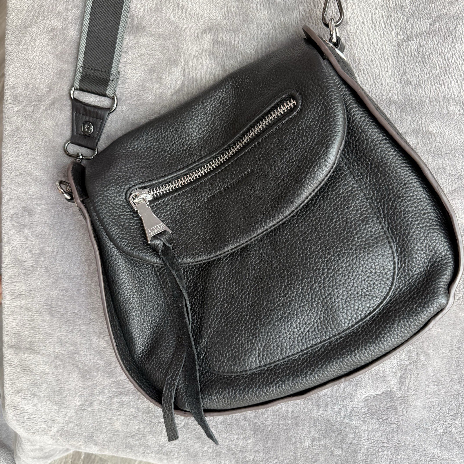 Aimee Kestenberg Black Pebbled Leather Crossbody, Monogram Lining w/ Silver Zips