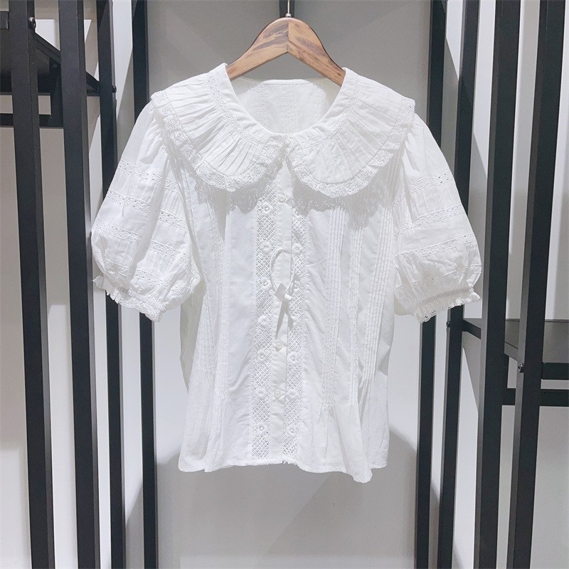 Doen Womens June Pleated Short Sleeves White Salt Cotton Blouse Tunic Top Size M