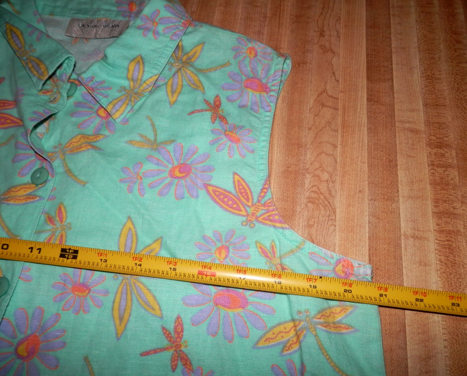 Lemon Grass Women’s Linen Blend Sleeveless Blouse Sz L Mint/Floral Dragonfly