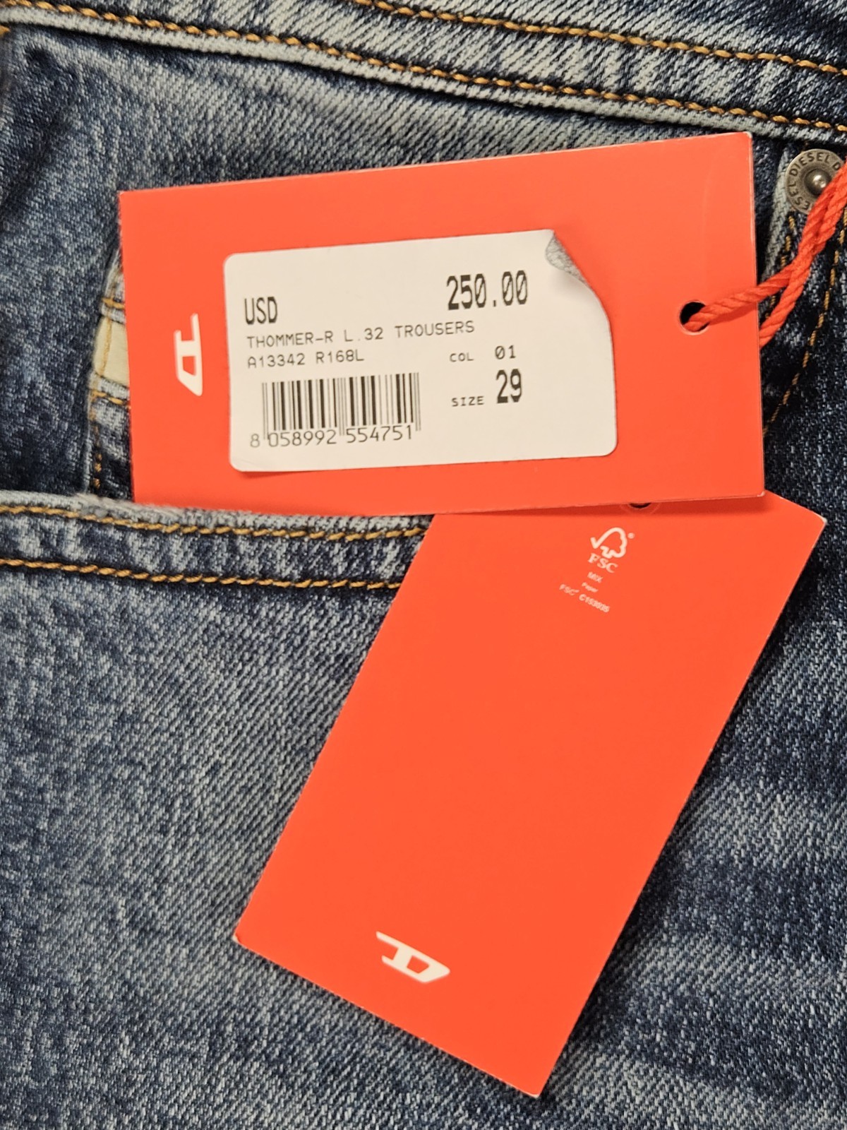 Diesel Thommer R Jeans Men’s 29×32 Slim Skinny Stretch Blue Denim NWT $250