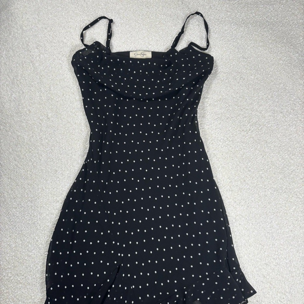 jessica simpson y2k 2000s black & white polkadot dress ruffle asymmetrical chic