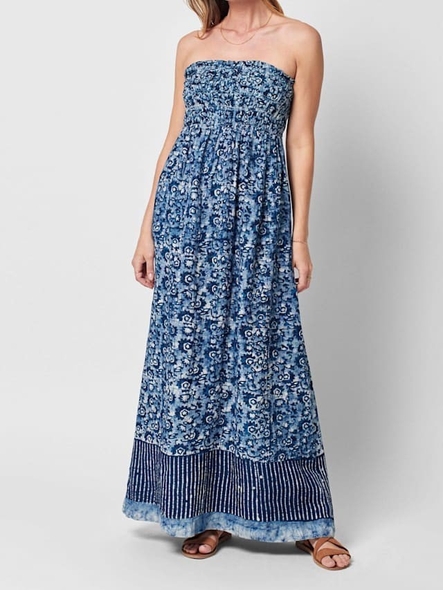 NWT Faherty Margarita 100% Linen Strapless Smocked Purple Maxi Dress Women’s M