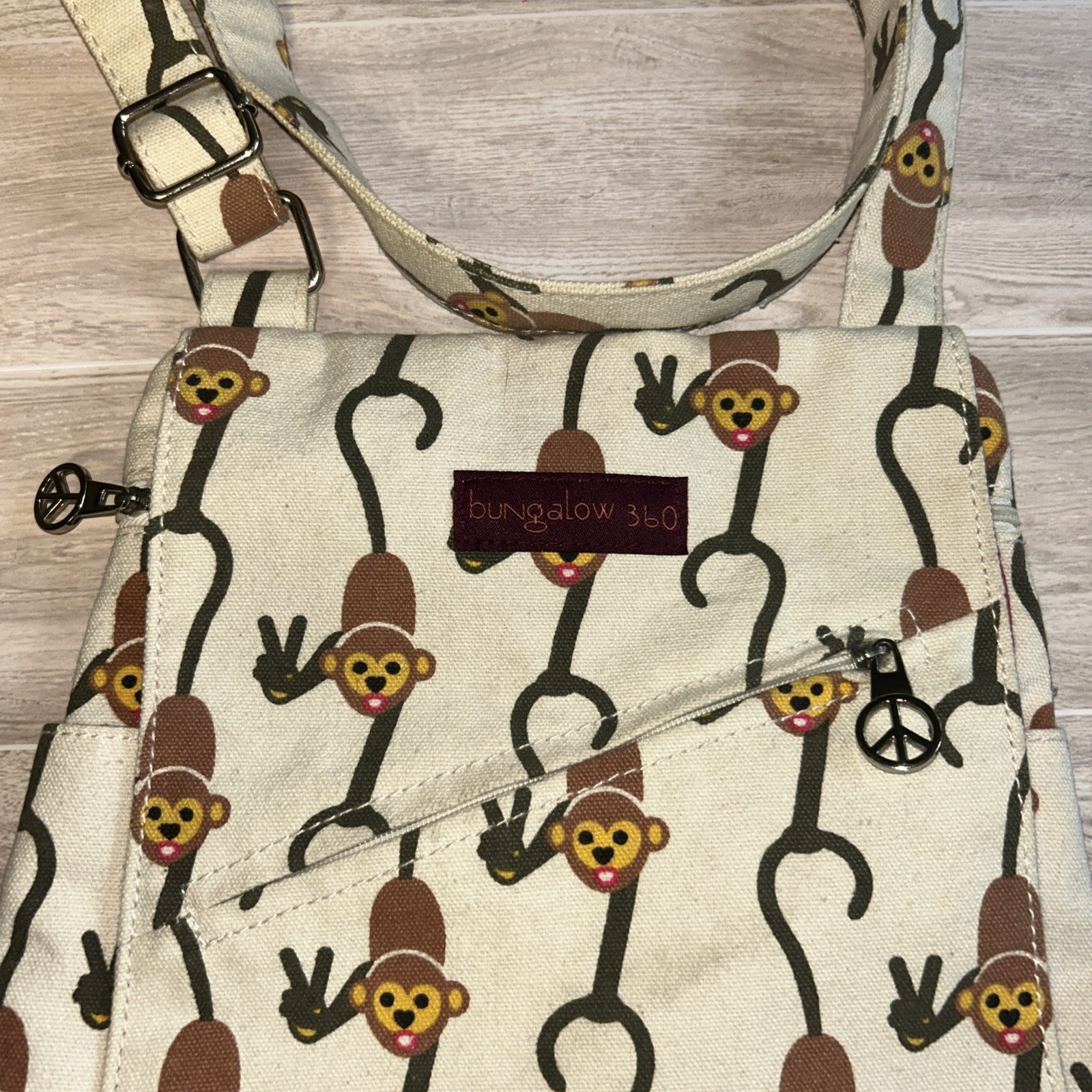 Bungalow 360 Monkey Canvas Cross Body Bag, 55” Strap, Polka Dot Lining, Peace
