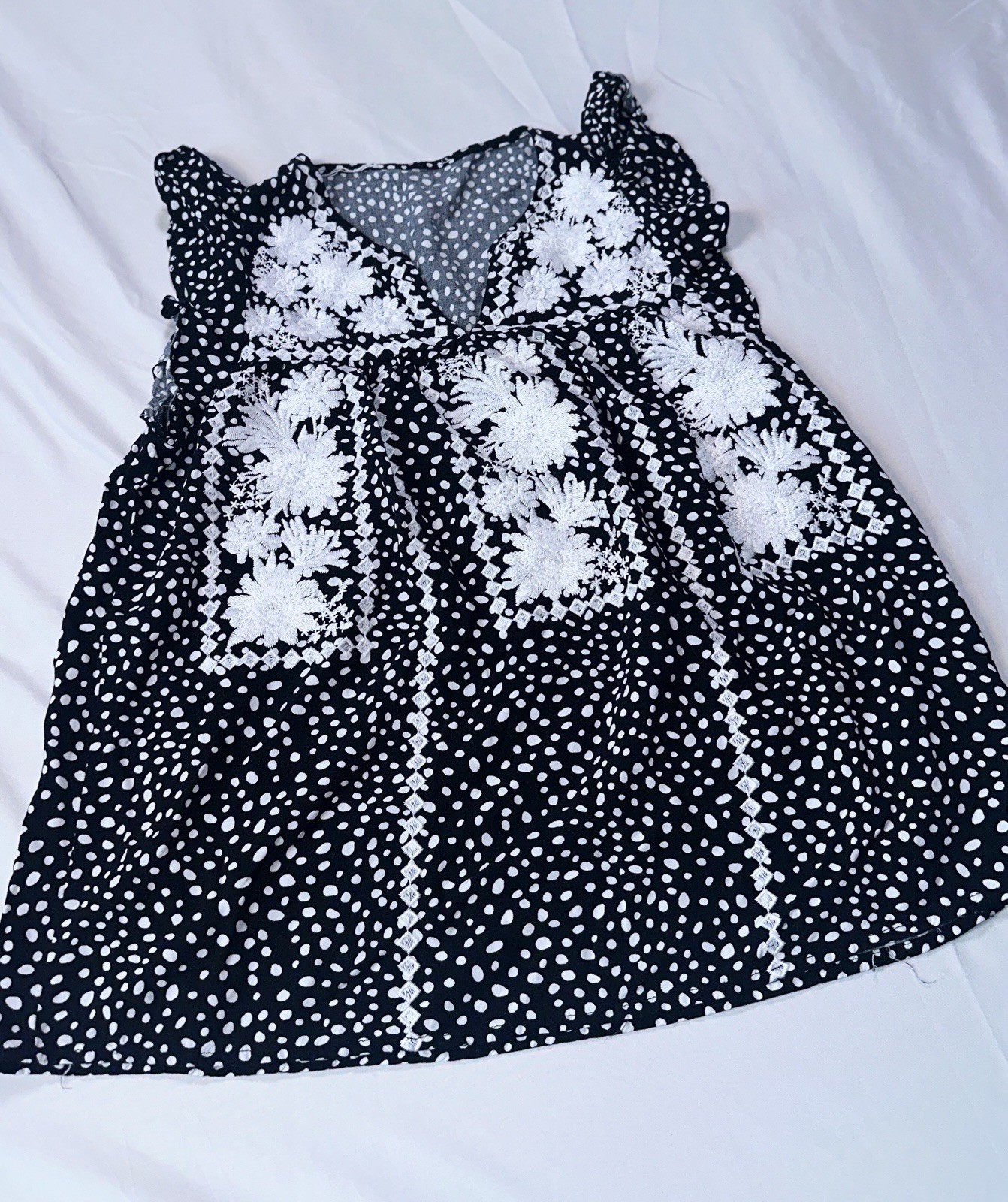 Self Womens S Black White Polka Dot Chiffon Babydoll V-Neck Smocked