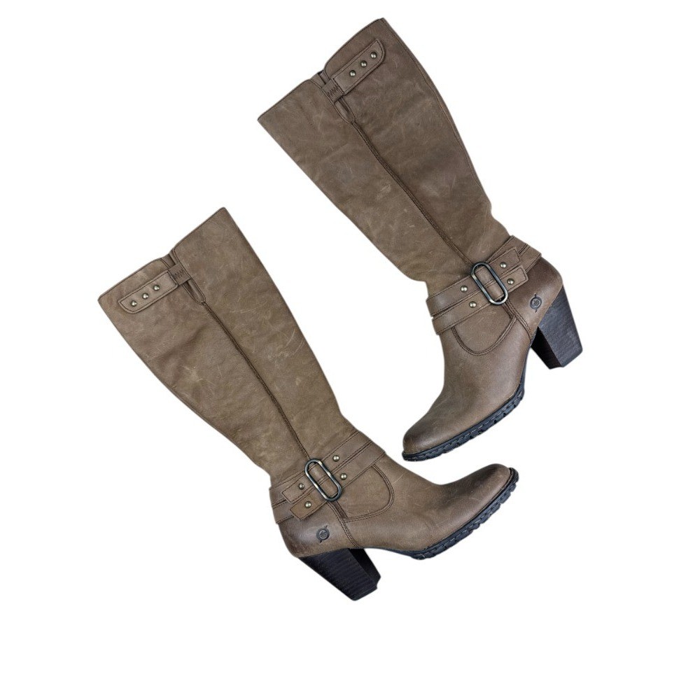 Born Taro Women’s 6.5 M Brown Leather Knee High Boots Block Heel Riding Buckle