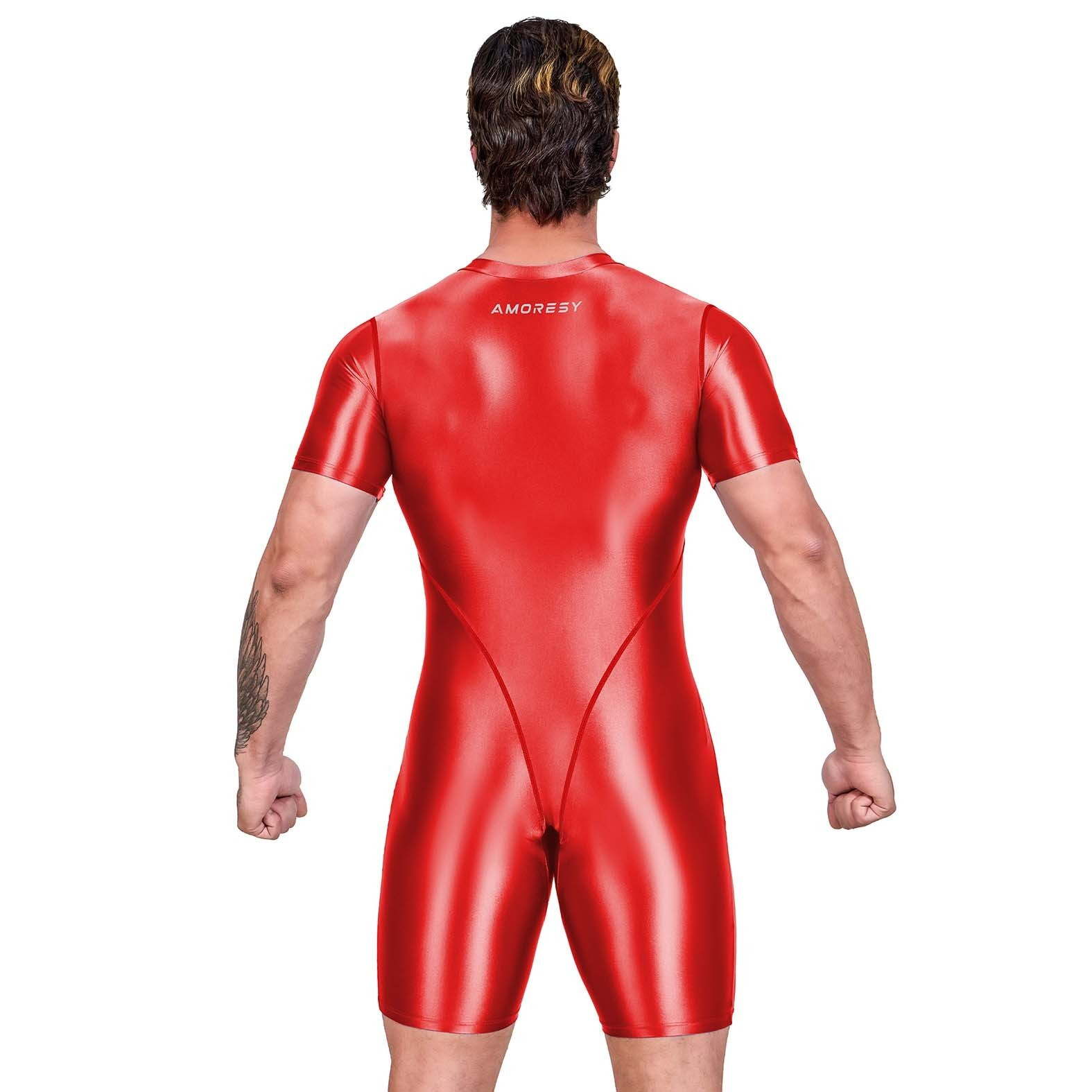 NEW AMORESY Men Shiny Glossy Tracksuits Bodysuit Tights Jumpsuits Overalls Suits