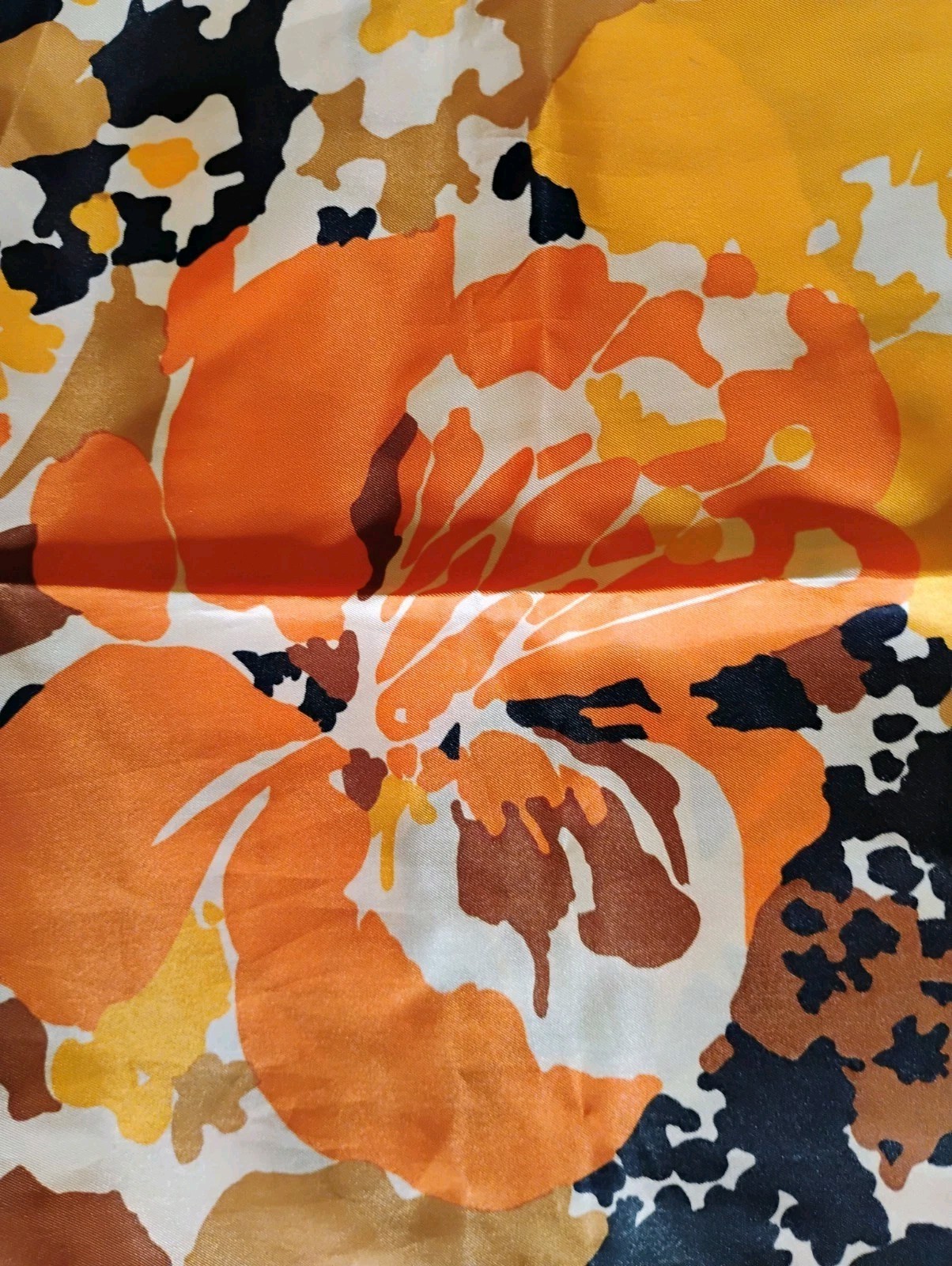 VTG “Totes” Rain Repellent Black, Orange, Yellow & Tan Abstract Floral Scarf