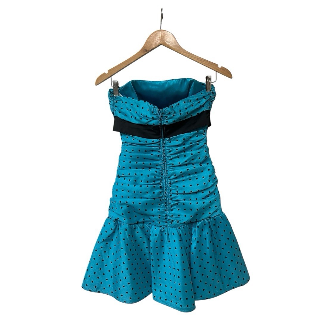 Betsey Johnson Y2K Blue Black Dot Taffeta Strapless Bow Prom Dress 2