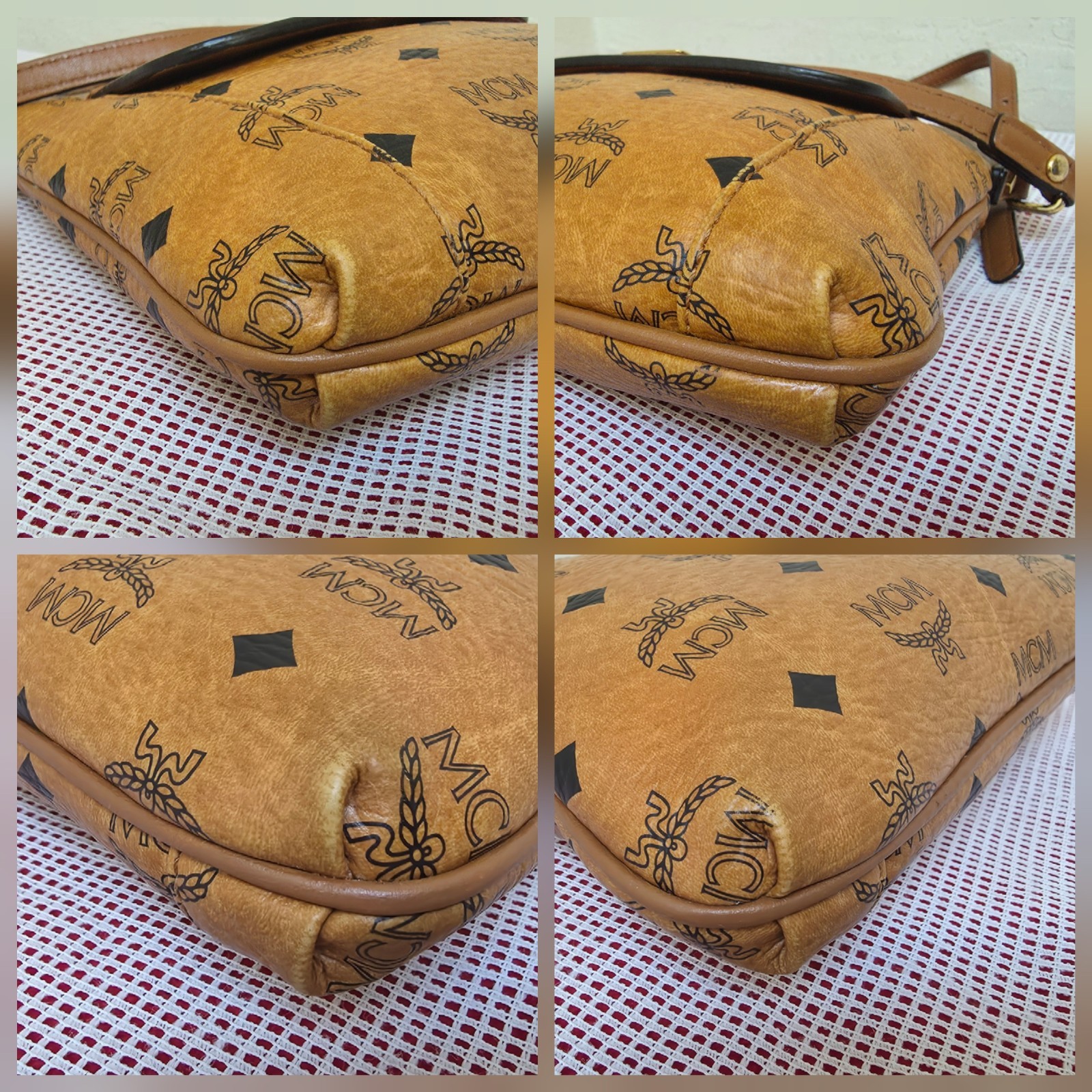 MCM Cognac Monogram Small Flat Shoulder Crossbody Bag AUTHENTIC