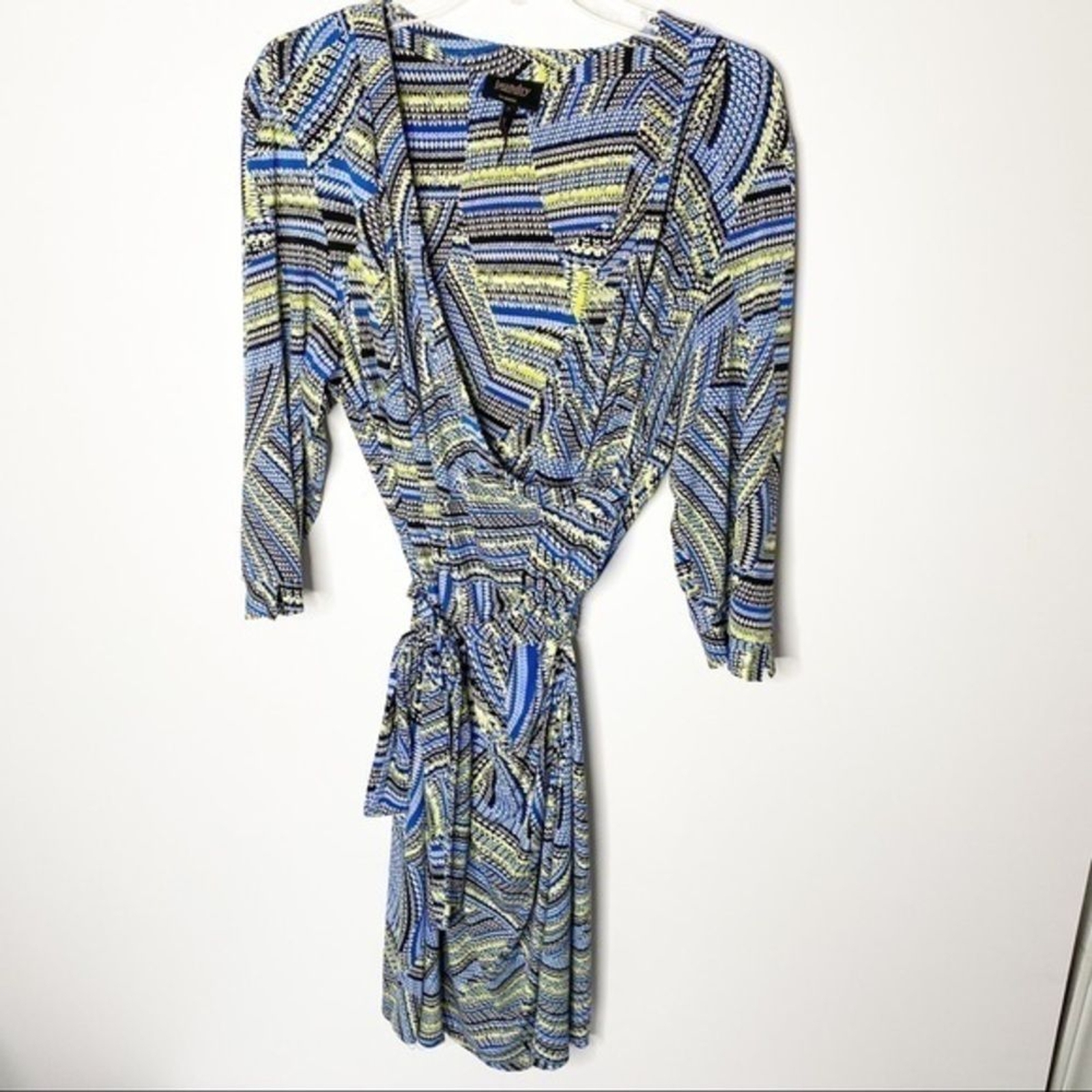 Laundry Shelli Segal Dress Womens L Blue Yellow Geometric Faux Wrap 3/4 Sleeve