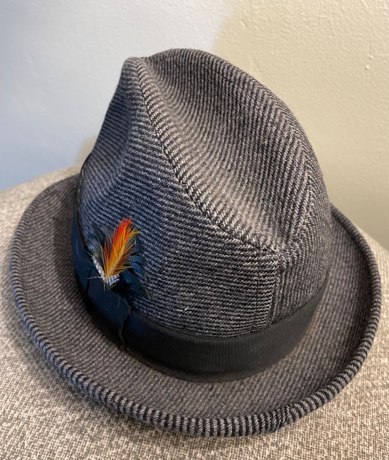 Vintage Robert Royal All Wool Fedora Hat Small Gray with Feather & Braided Band