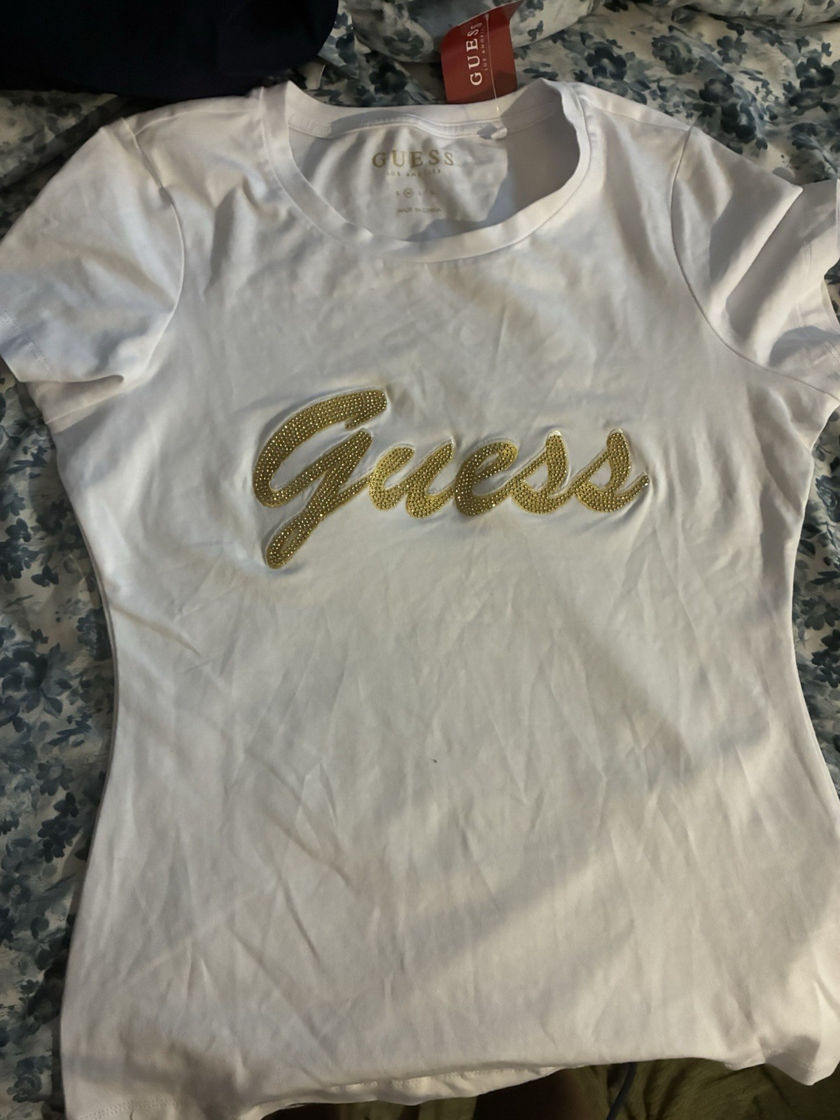 GUESS Women’s Crew Neck Short Sleeve Logo Rhinestone T-Shirt Top, Size S