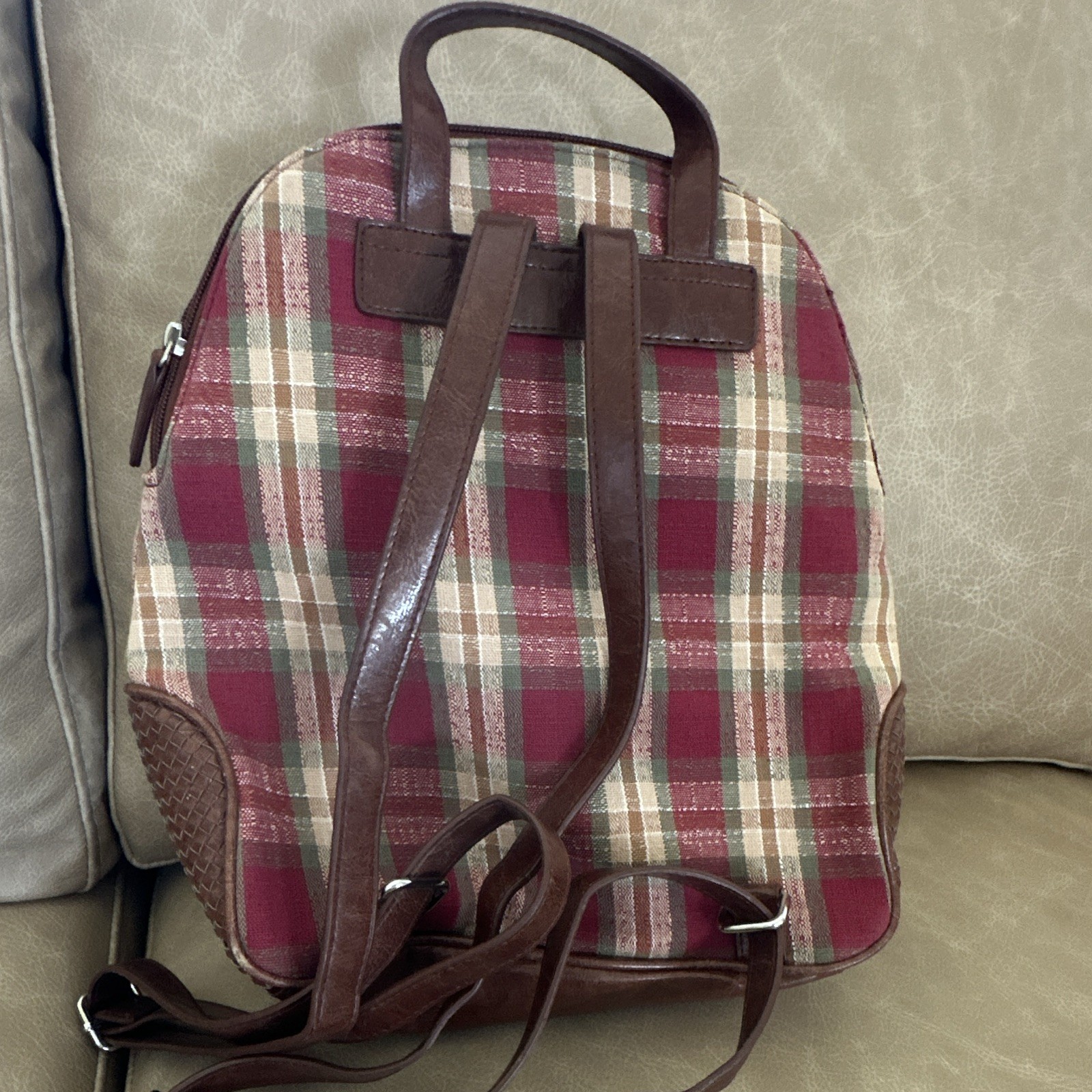 Longaberger Mini Backpack in Plaid Burgundy with Adjustable Straps