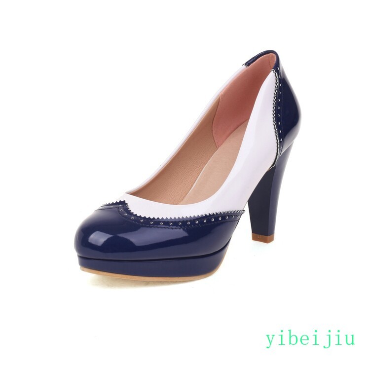 Women’s Fashion High Heel Dress Pumps Two Tone Colorblock Leather Shoes Wing Tip