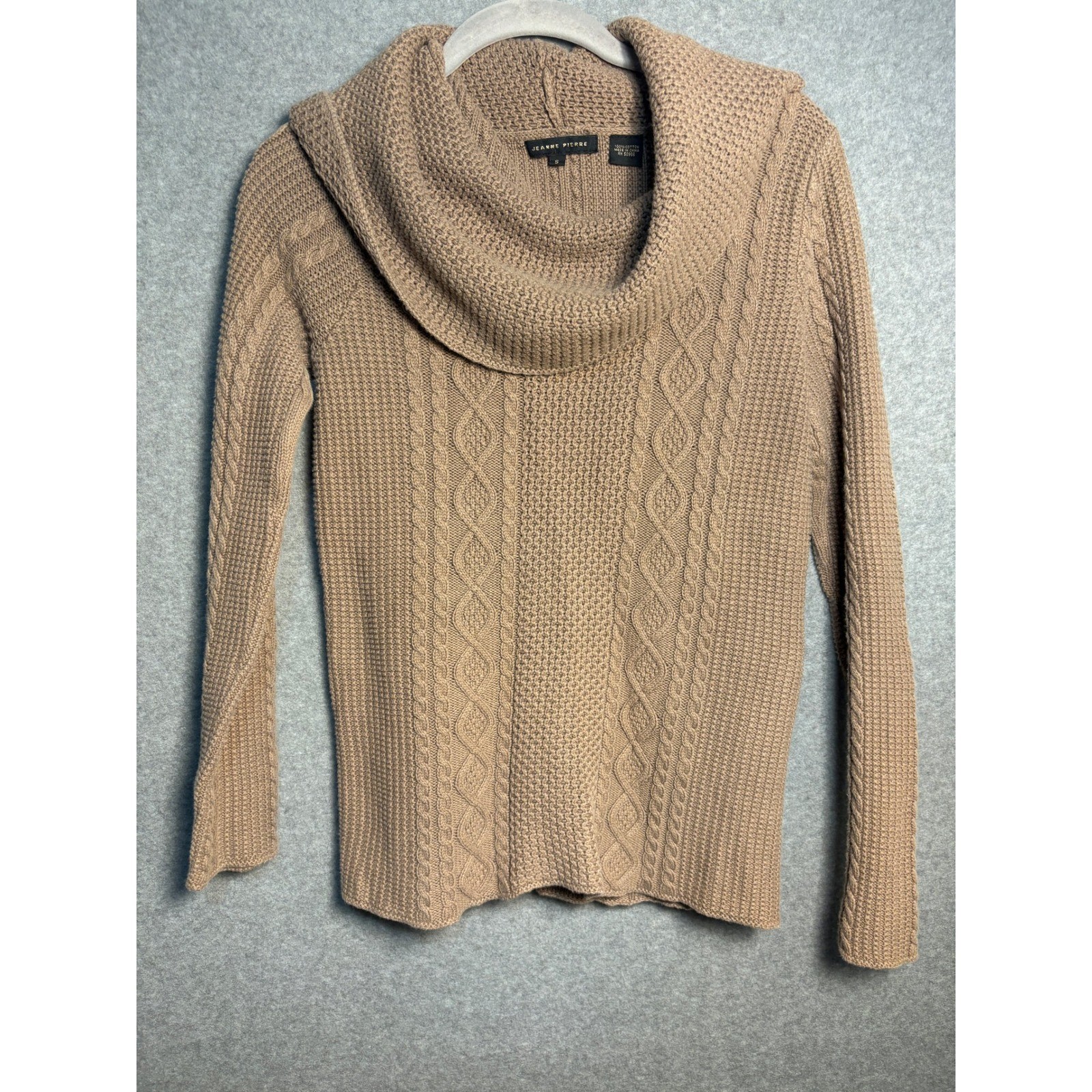 Jeanne Pierre Cable Knit Cowl Neck Sweater Tan Cotton Cozy Cottagecore