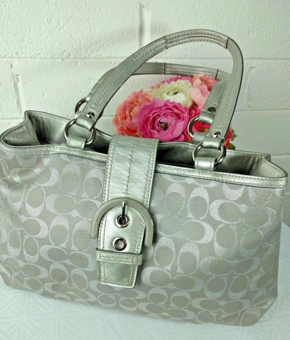 COACH TOTE SILVER SIGNATURE C JACQUARD/ LEATHER No. F18912 SATCHEL HANDBAG