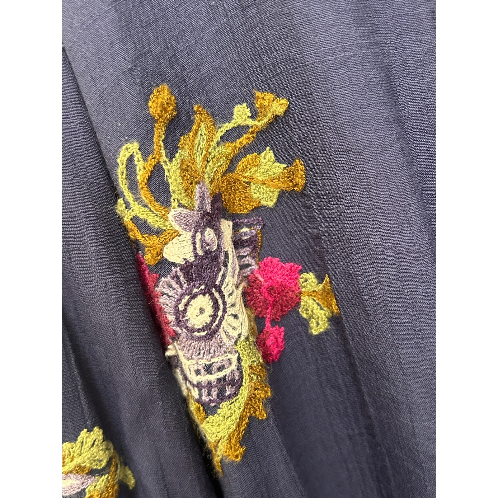 FIG & FLOWER Navy Blue Floral Embroidered Button Up Blouse Boho Top L
