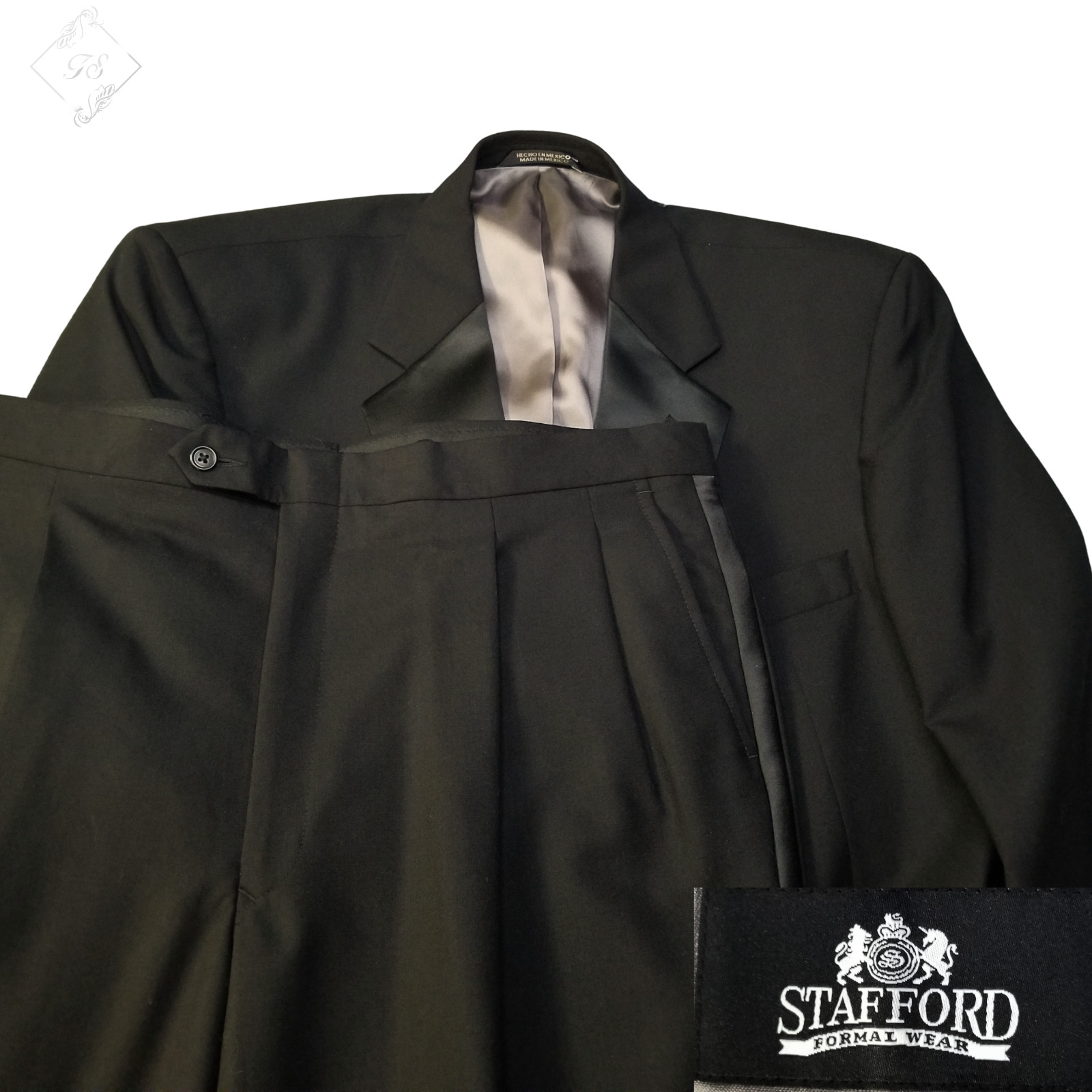 Stafford 2 Piece Black Tuxedo Formal Suit 46S 40X30 Pants Satin Lapel Braid