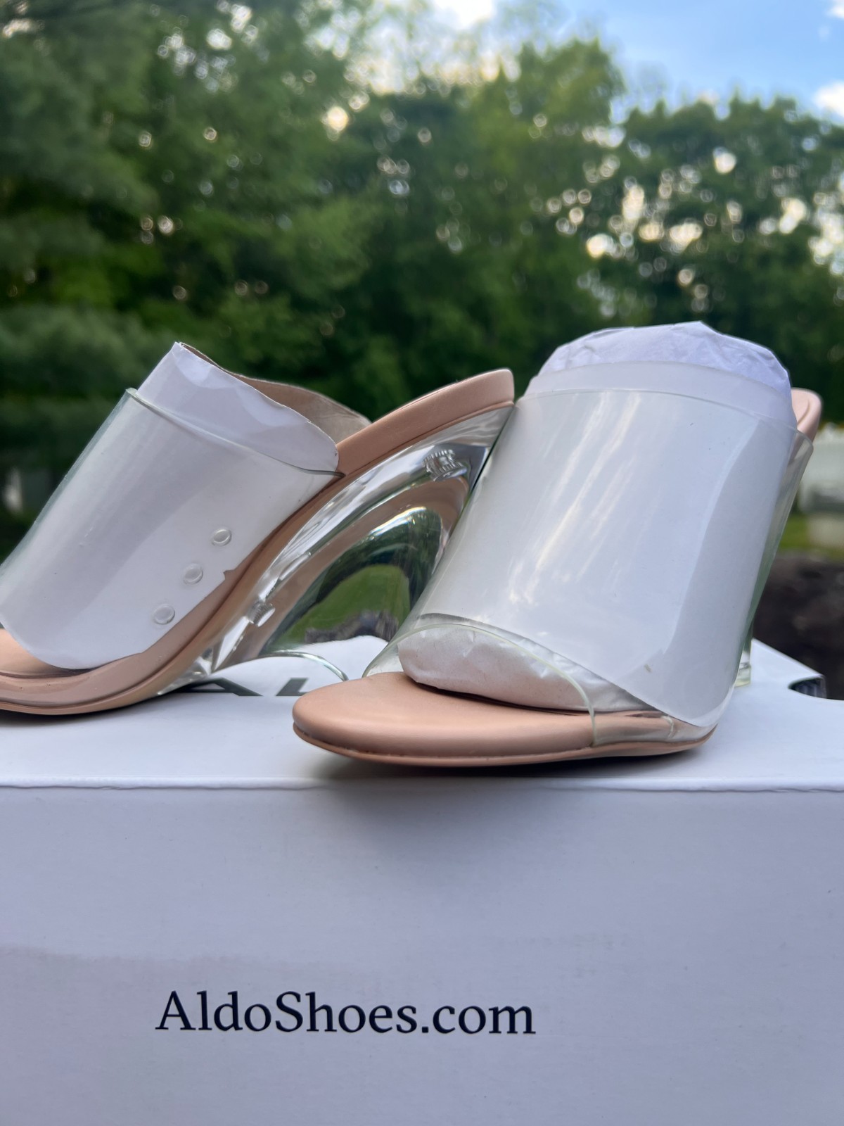 ALDO Clear Sculpted Heel Mule Sandals Transparent Strap Dress Heels New in Box