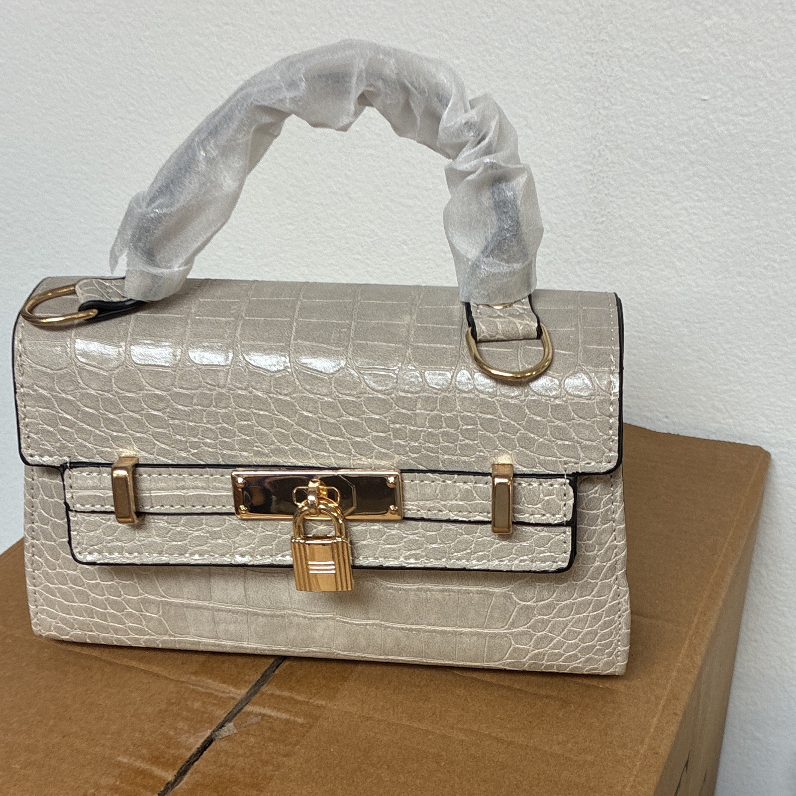 Beige Croc Embossed Small Satchel Top Handle Turn Lock Crossbody Strap Gold