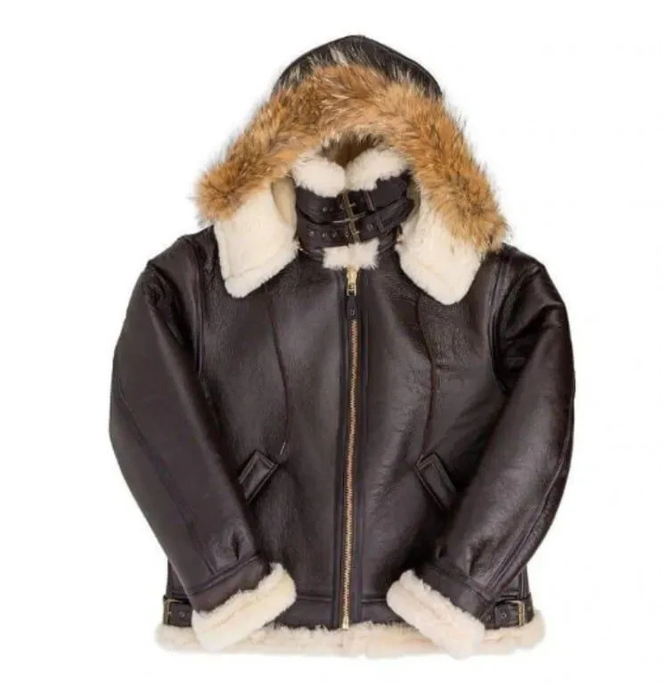 Men’s B3 Aviator Bomber Jacket Real Sheepskin Leather Faux Fur Pilot Coat Handma