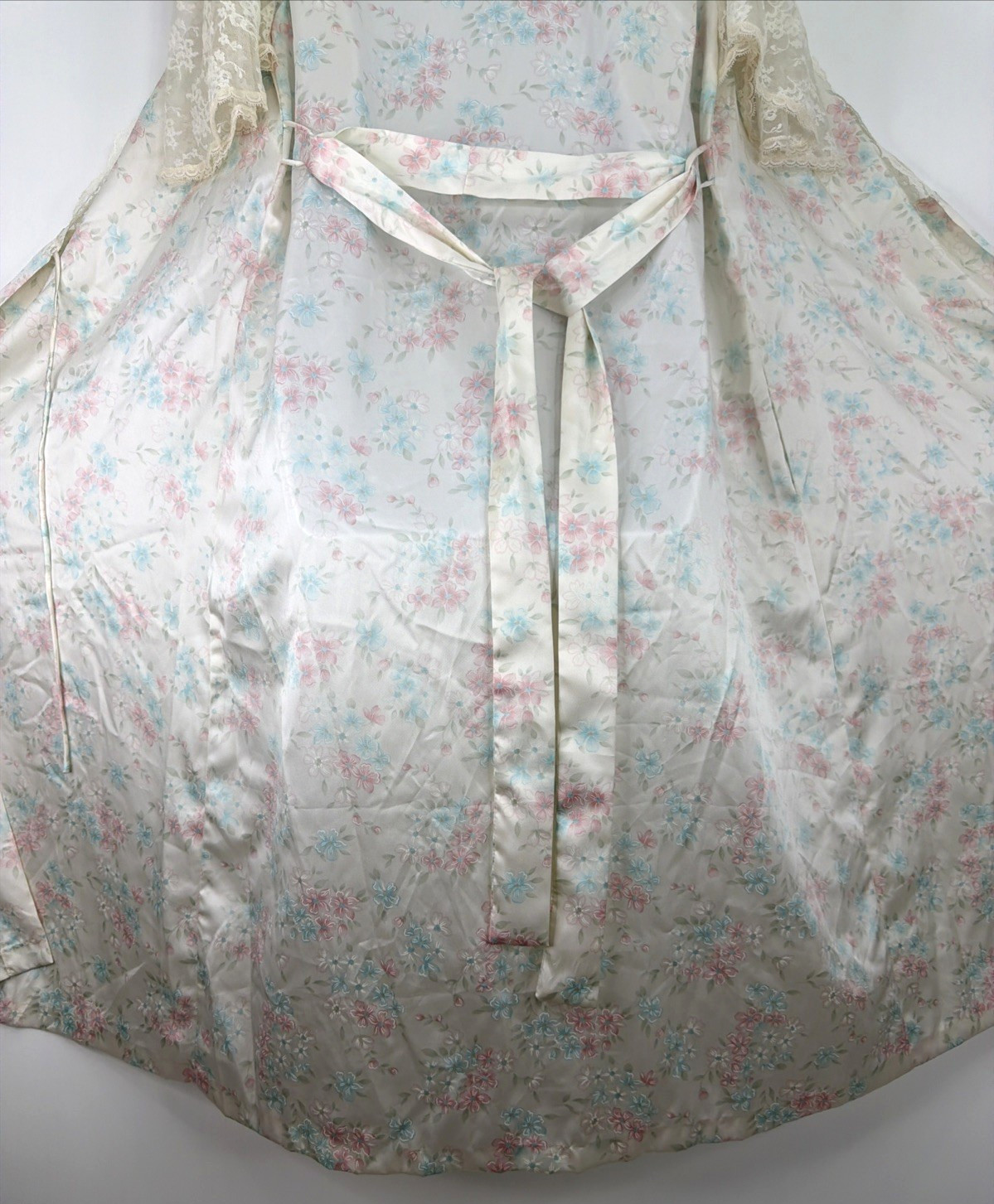 VTG Sara Beth Satin Poly Nightgown Robe Set Pink/Blue Floral Lace Bridal Small
