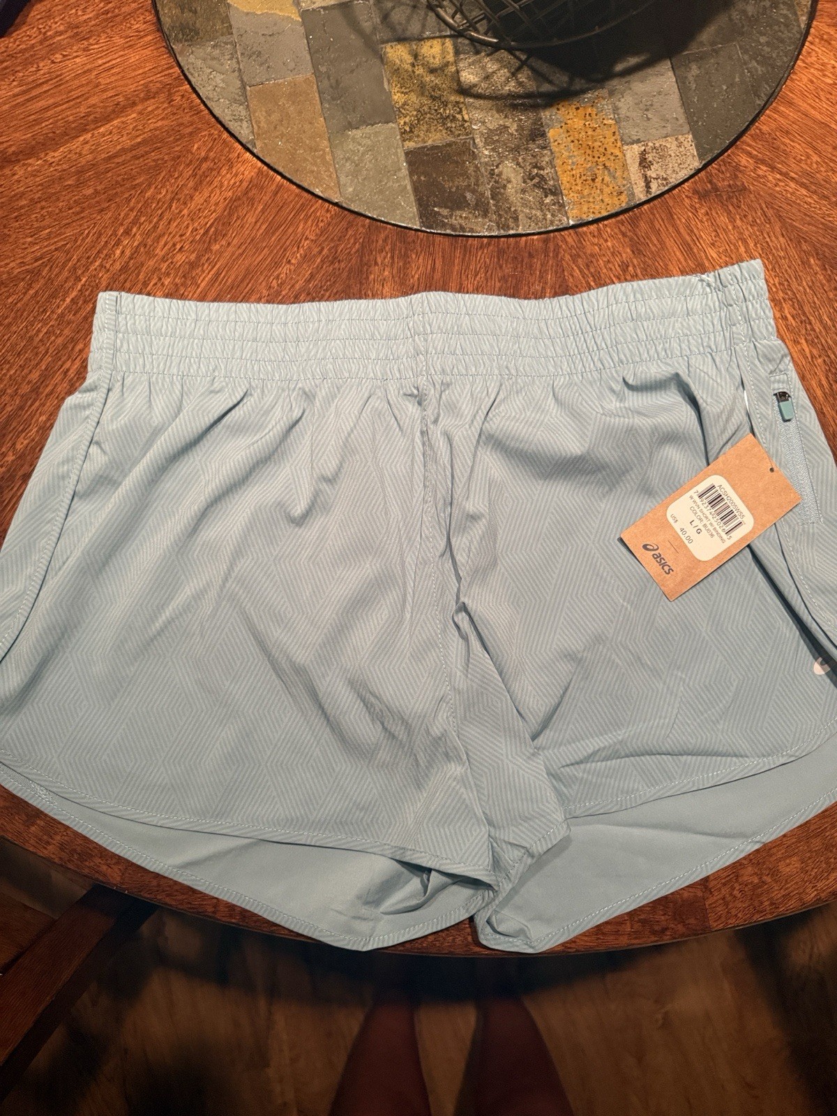 ASICS Women’s Blue Geometric Lined Running Shorts Pockets Drawstring L
