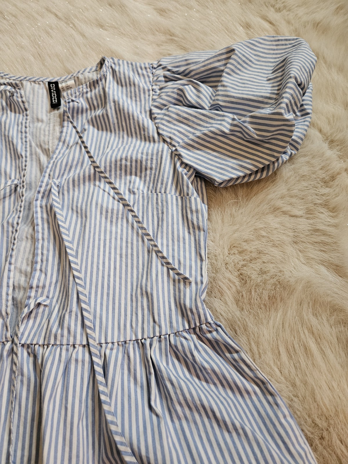 H&M Divided Blue White Striped Puff Short Sleeve Tie Front Mini Dress Size XXS