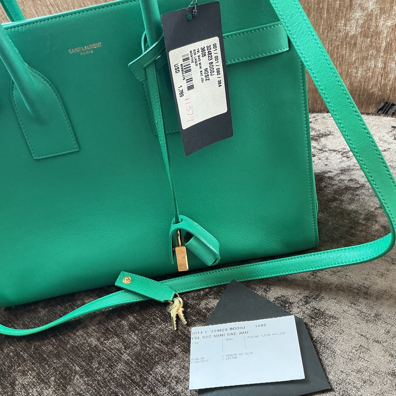 Saint Laurent Green Satchel Top Handle Zip Bag w/ Detachable Strap, Lock & Key