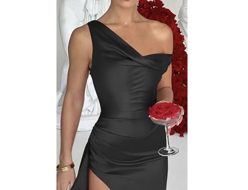 Memoriesea Satin Off Shoulder Maxi Dress Black High Slit Formal M NWT
