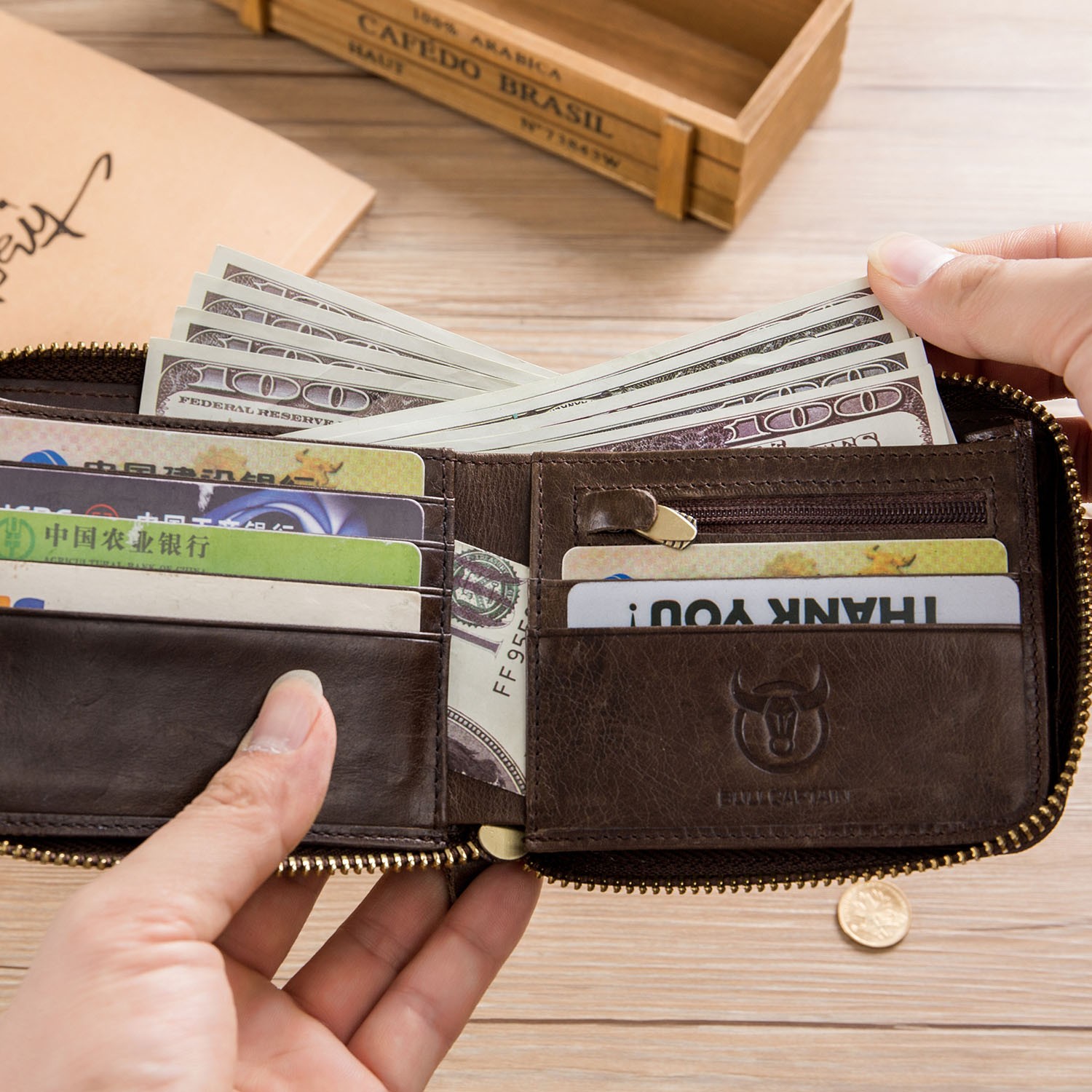 Retro Men Wallet Genuine Leather RFID Blocking Bifold with Zipper Coin Pocket