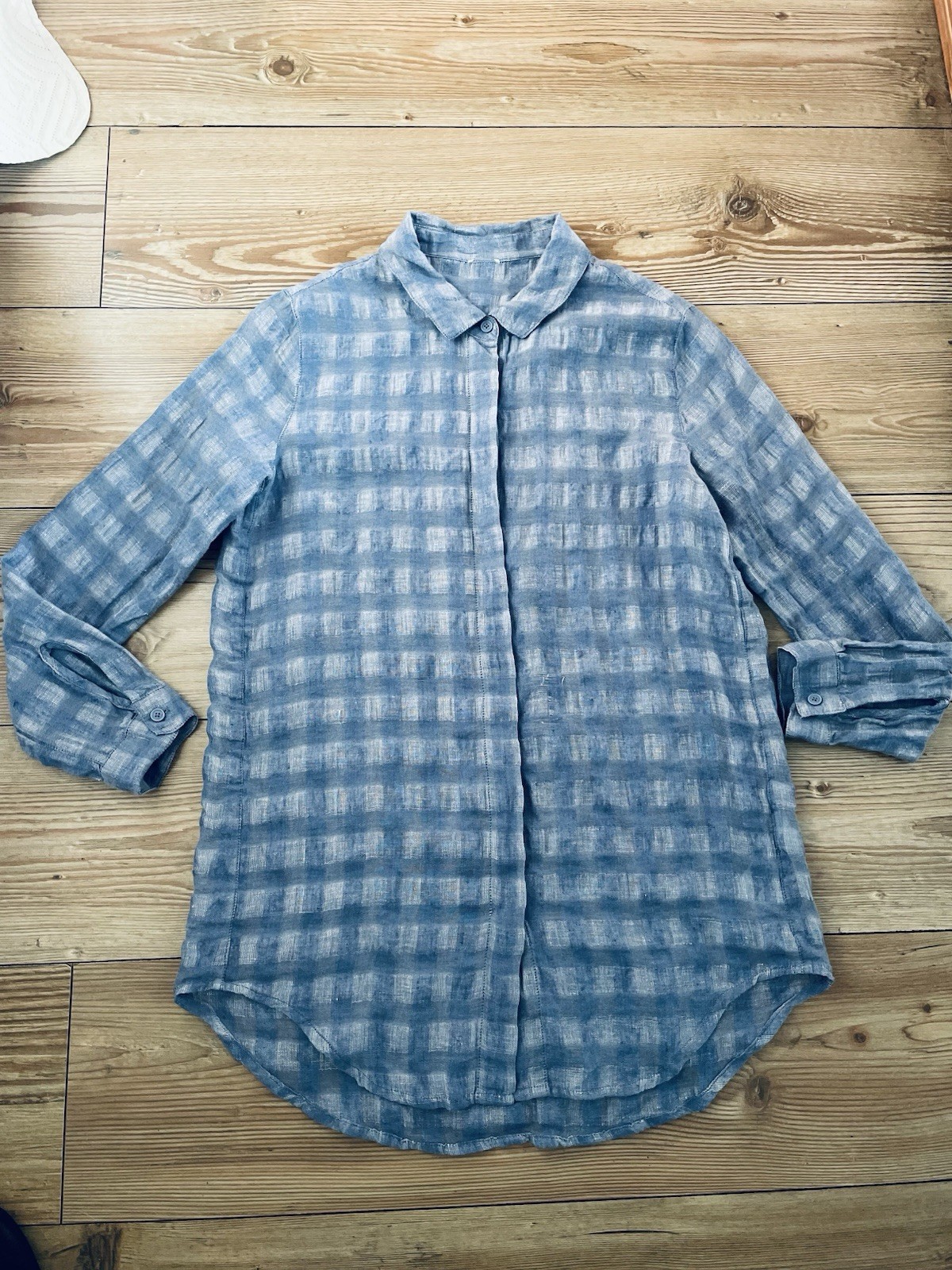 Poetry Blue Plaid Check Crinkle Effect Blue Long Sleeved Relaxed Fit Blouse Uk 6