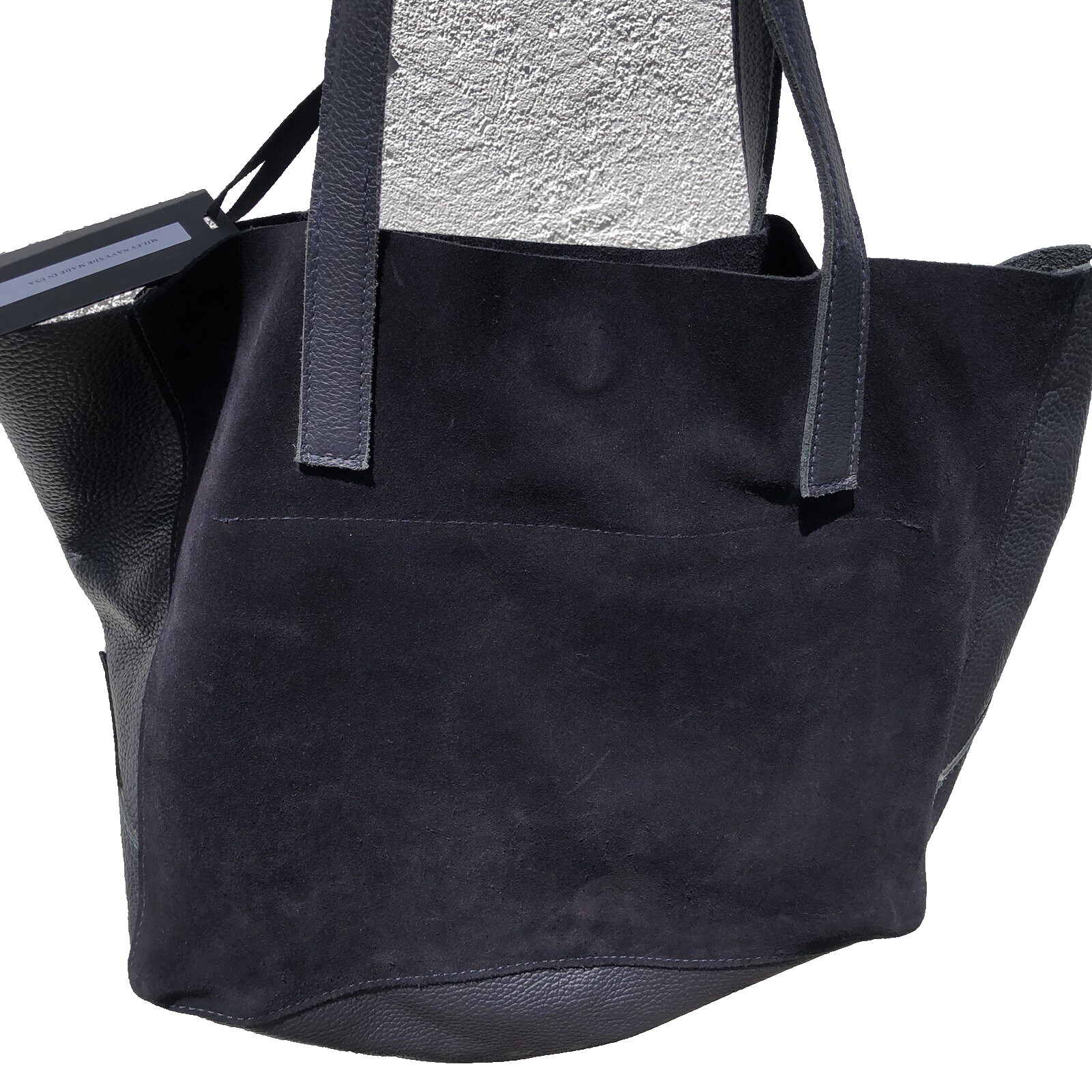 Laggo Miley Navy SDE Suede Leather Tote Bag Pyramid Studs 18.5 x 11.5 x 5 inches