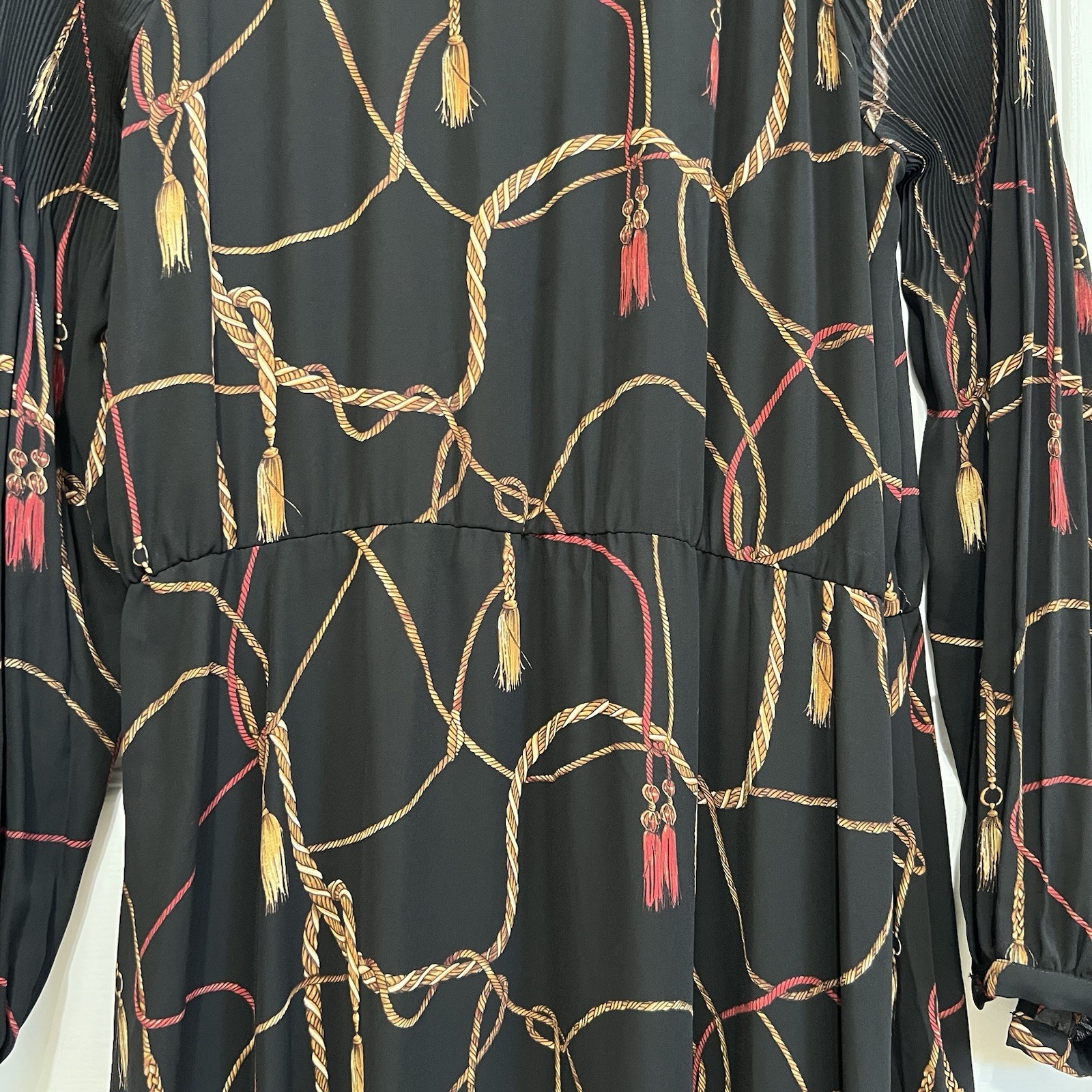 Lauren Ralph Lauren Black Tassel-Print Georgette Tie Neck Midi Dress Size 14