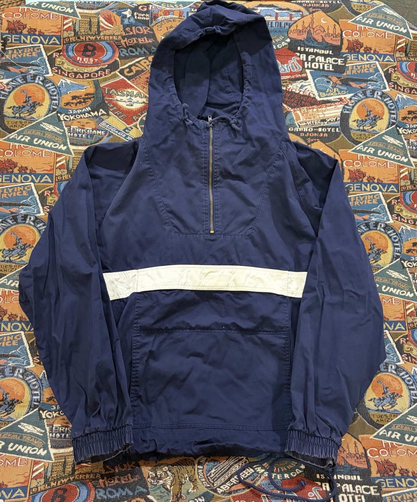 Vintage 90s GAP Half Zip Hooded Anorak Jacket Navy Blue Pullover Cotton Size S